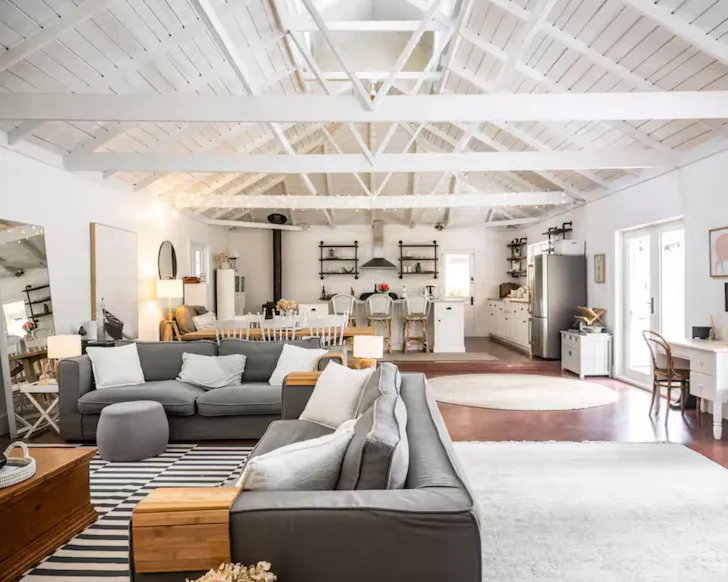 A view of the living space at ​Bon Marché Airbnb one of the best kid-friendly stays in Tasmania