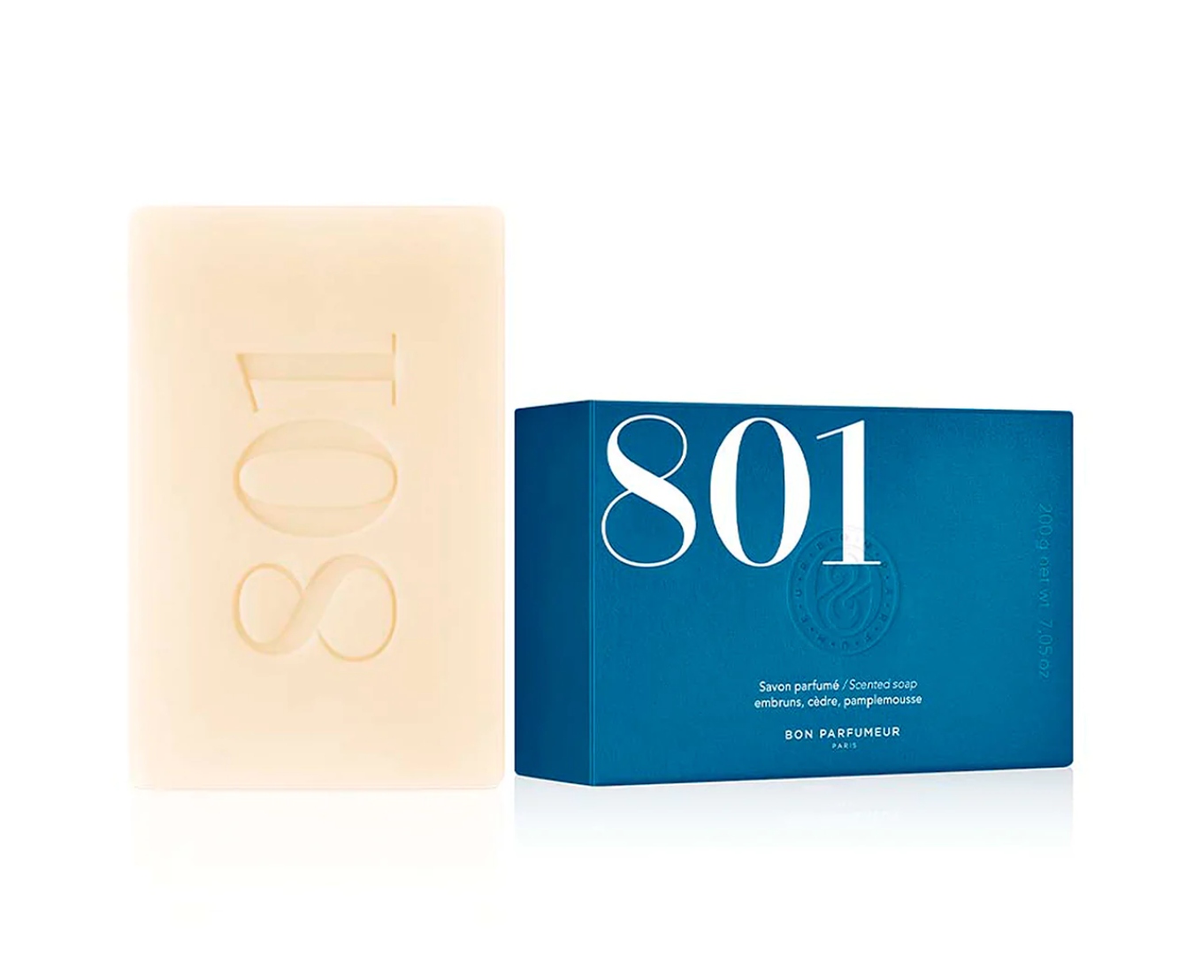 An off-white bar of soap and blue box which both have '801' in large lettering on the front.