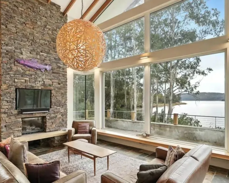 A lake view from the lounge at Bon View one of the best lake houses Tasmania