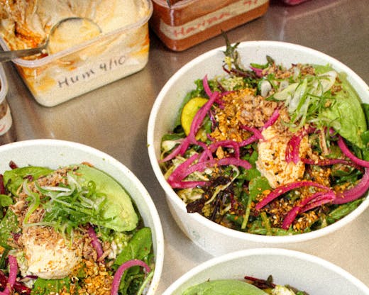 Exceptional salad bowls and a pot of hummus at Bowerl. 