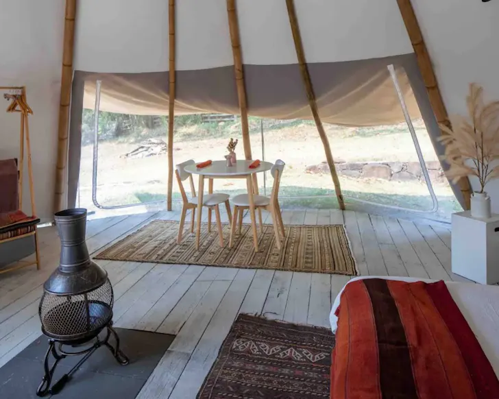 A view of the interior of Brunswick Sioux Tipi best glamping near Brisbane