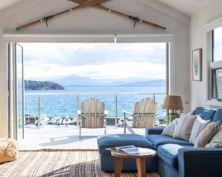A view of the water from the living space at Bruny Boathouse one of the best Airbnbs in Tasmania
