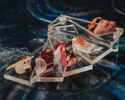 A tiered selected of five sashimi cuts called the Stairway to Heaven
