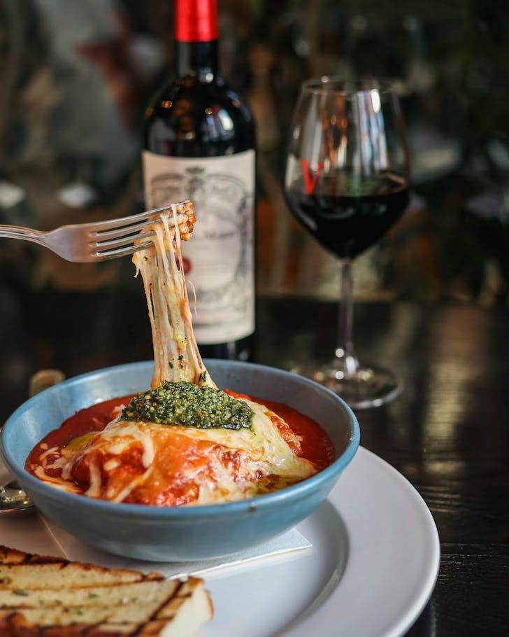 The deliciously cheesy lasagna at Cafe Valentino, one of the best Italian restaurants in Christchurch. 
