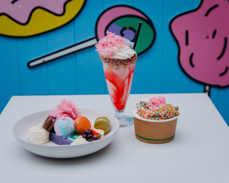 A milkshake and sweet treats. 