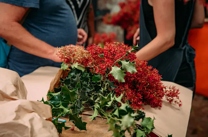 Christmas bush and holly wrapped in brown paper. 