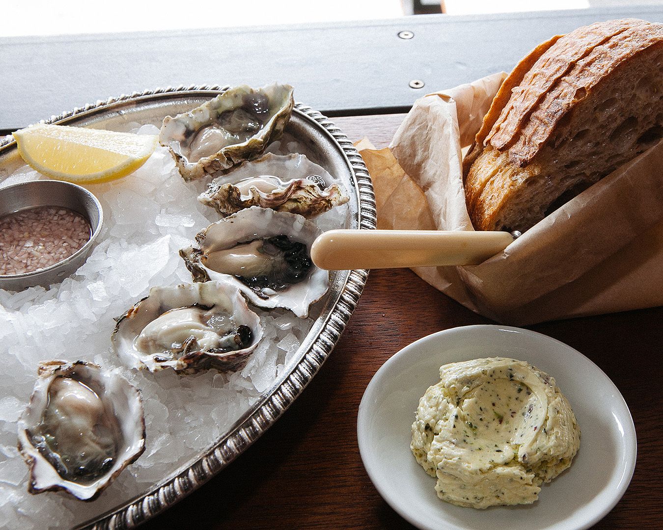 Oysters, fresh bread and butter at Bar Celeste