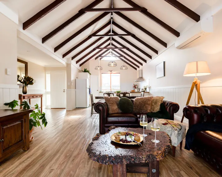 The lounge with wooden beams at Character Townhouse best Margaret River Airbnbs