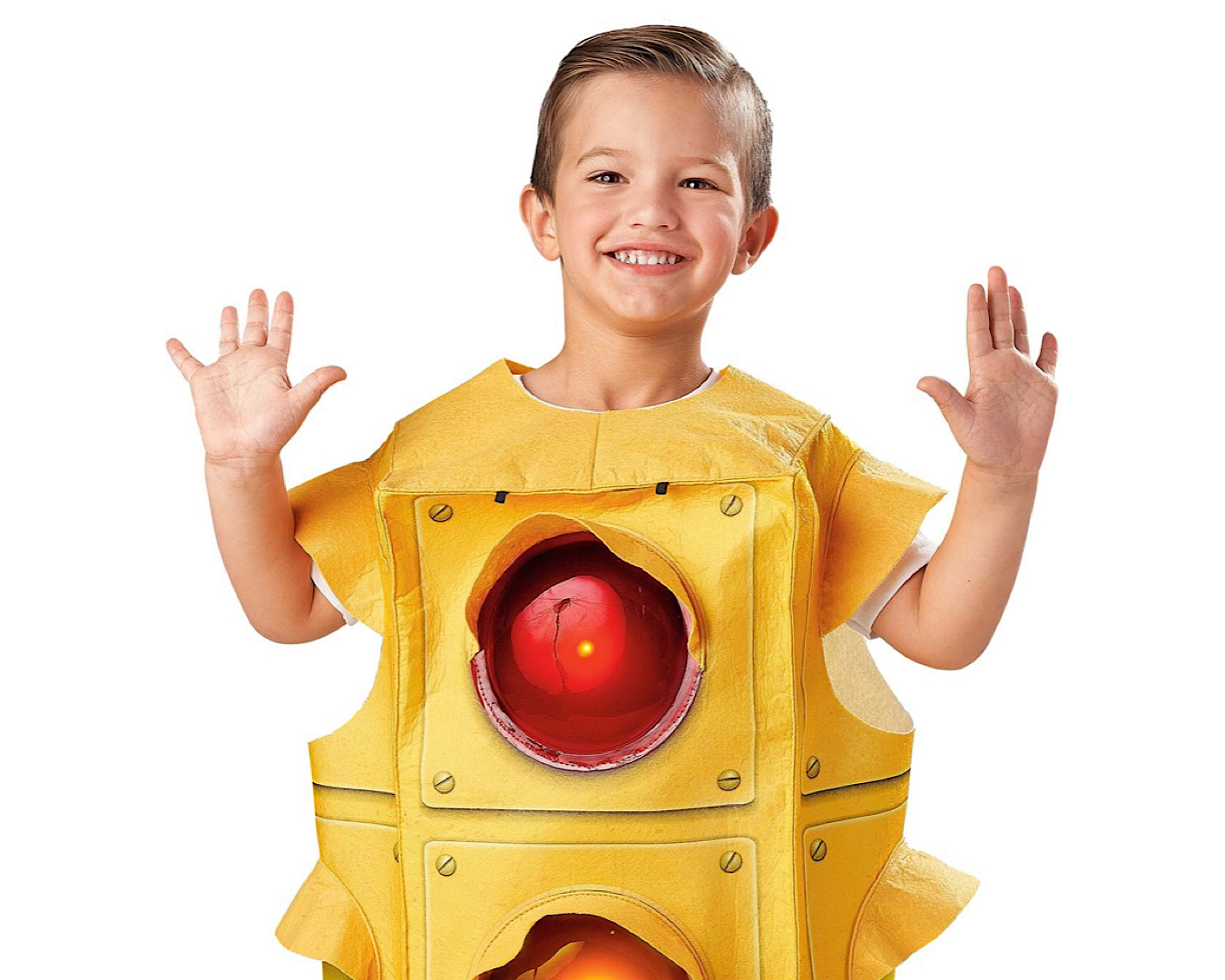 A child dressed in a traffic light Halloween costume. 