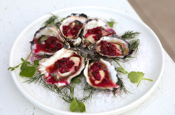 a plate of oysters topped with a beetroot jam