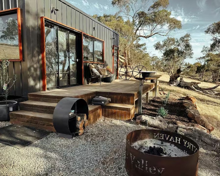 An exterior view of Clare Valley Tiny House accommodation with outdoor bath one of the best Airbnbs 