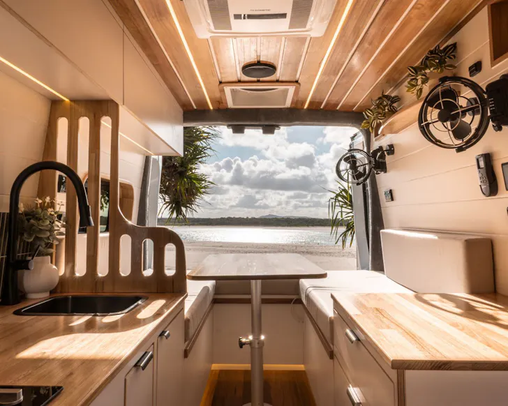 The wooden interior of Clyde best pet-friendly campervan hire Queensland