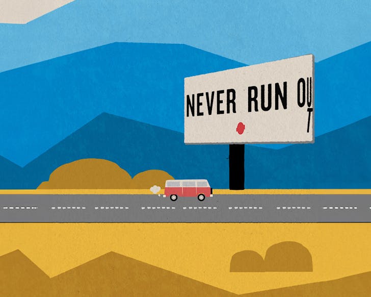 Cartoon image of a kombi on a road and a sign that says 'never run out' with a subtle Coffee Supreme logo. 