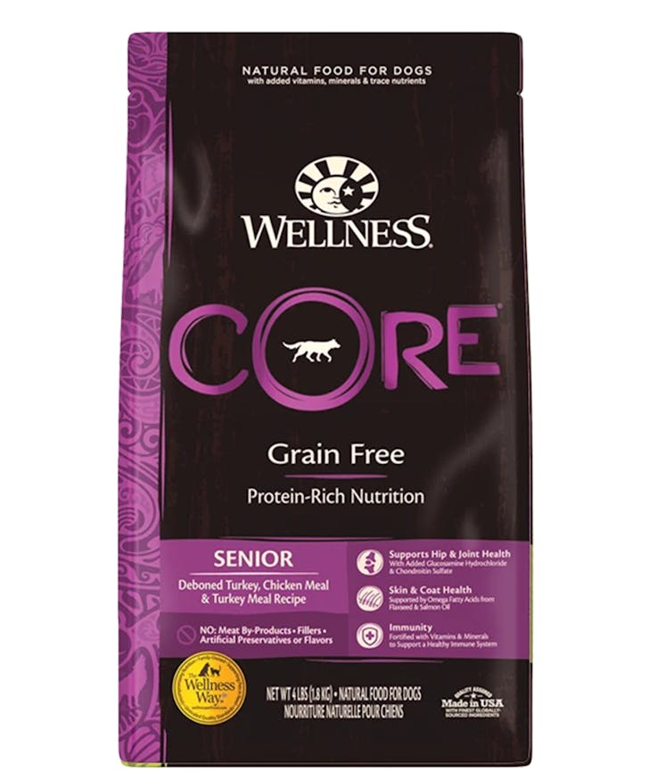 A bag of Wellness Core, one of the best dog foods for senior dogs.
