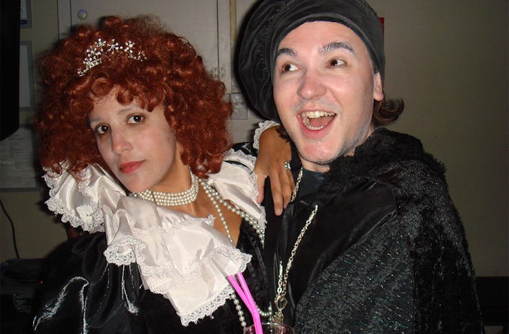 Two people dressed up as Queenie and Blackadder.