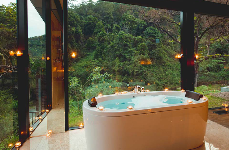 a bath behind floor to ceiling windows facing a forest