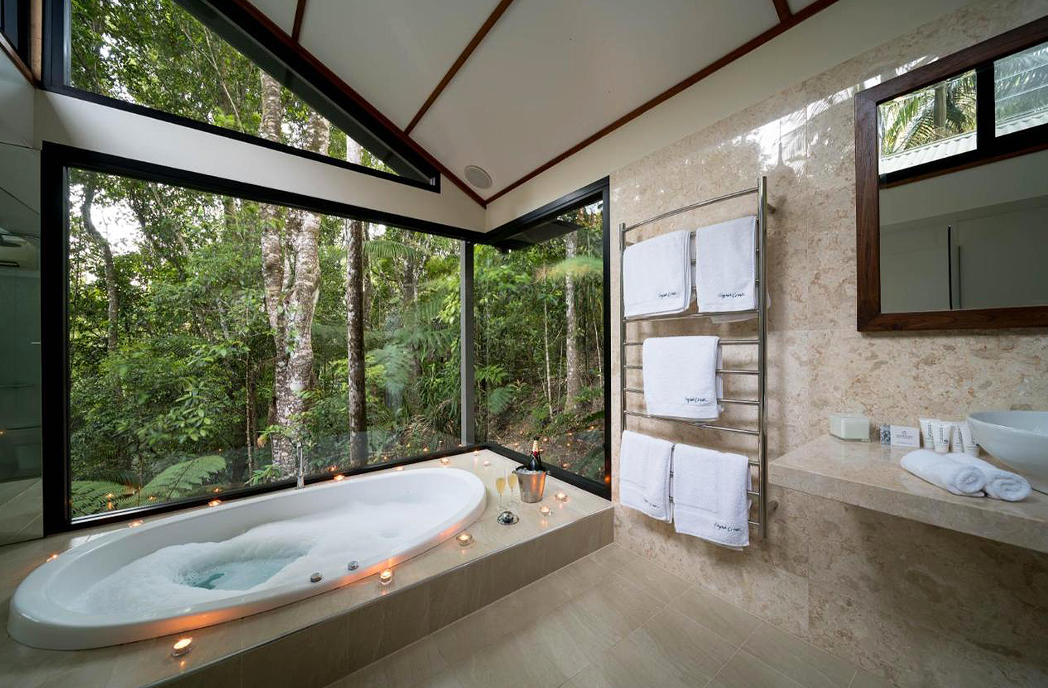 a beautiful bath overlooking rainforest