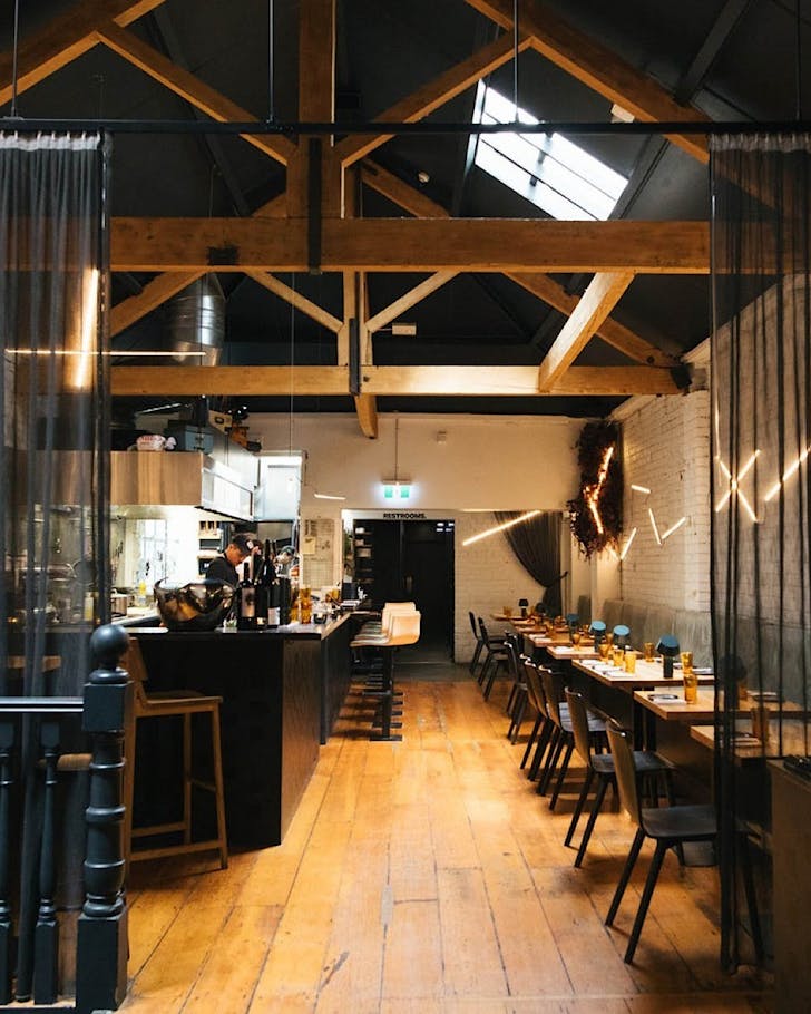 A spacious restaurant interior.