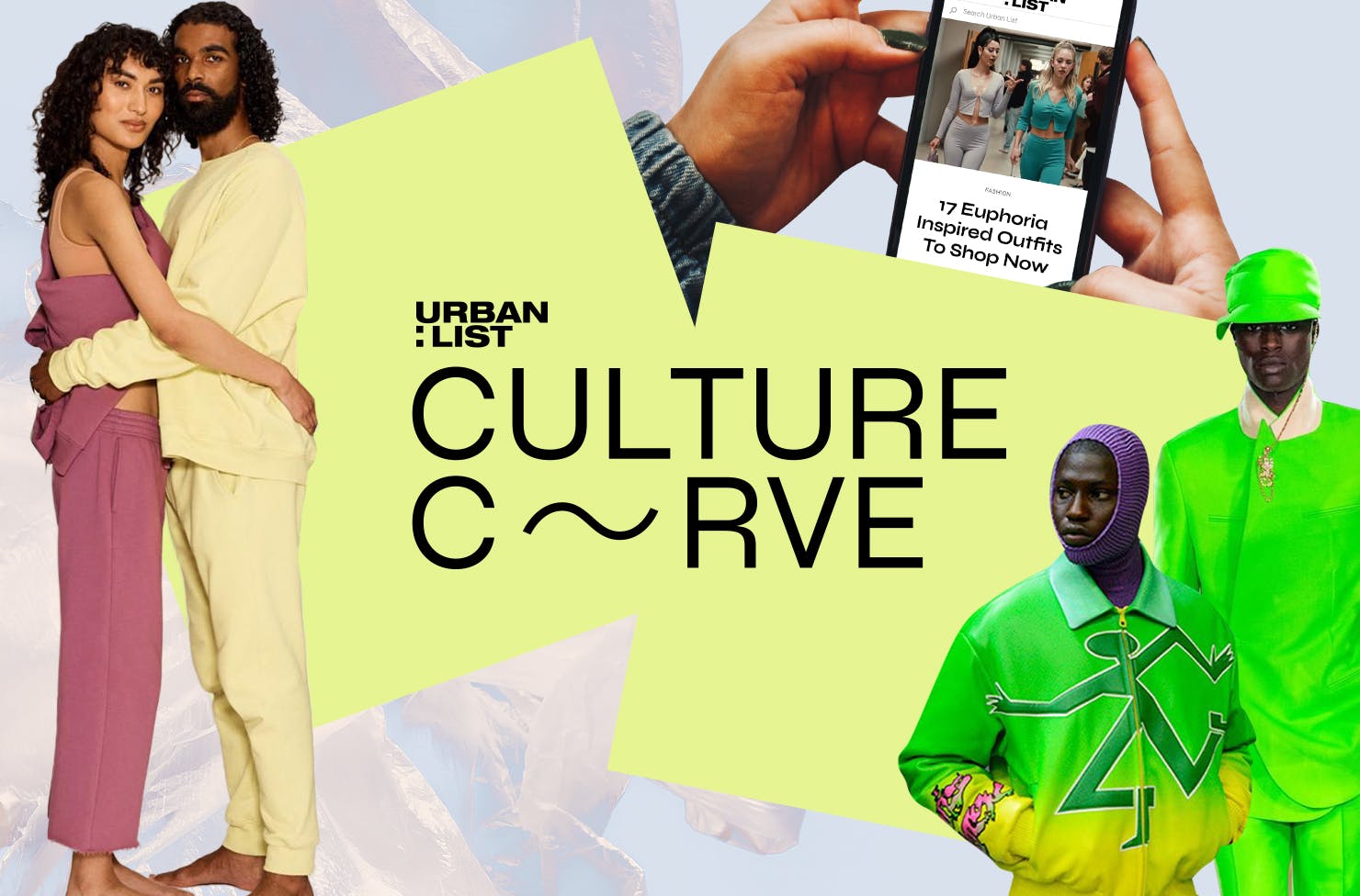 A collage showing models wearing loungewear and bright neon green clothing. 