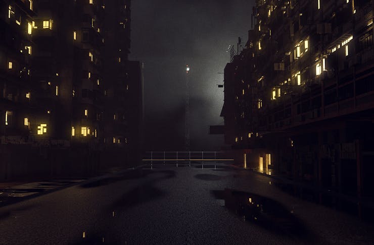 A creepy street scene at night.