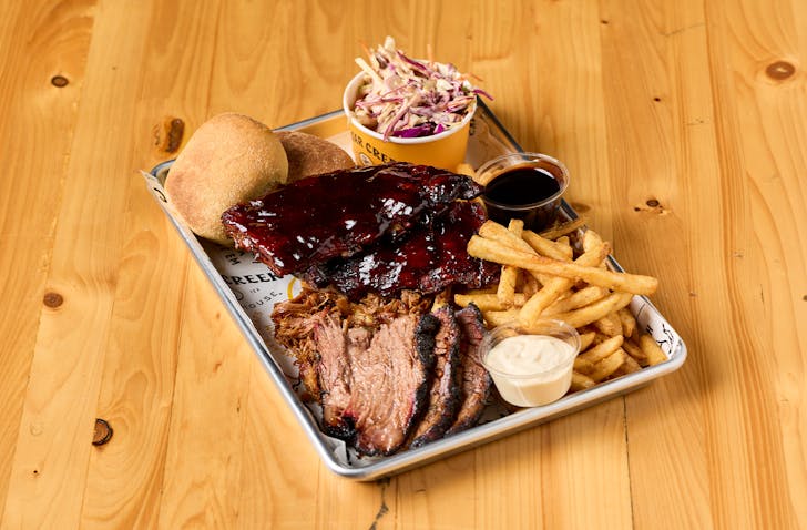 A tray of barbecued meats. 