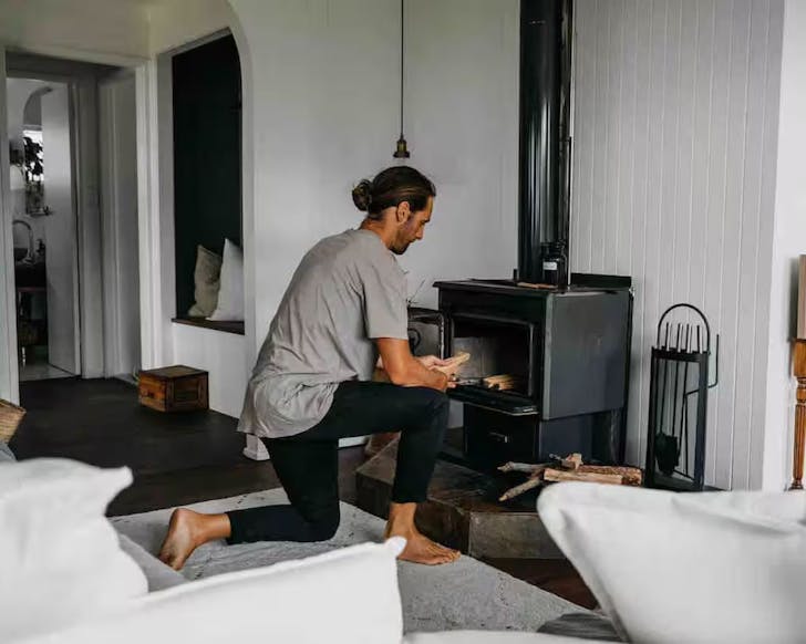 The black infoor fireplace at Dales Run Airbnb in Jamberoo, NSW