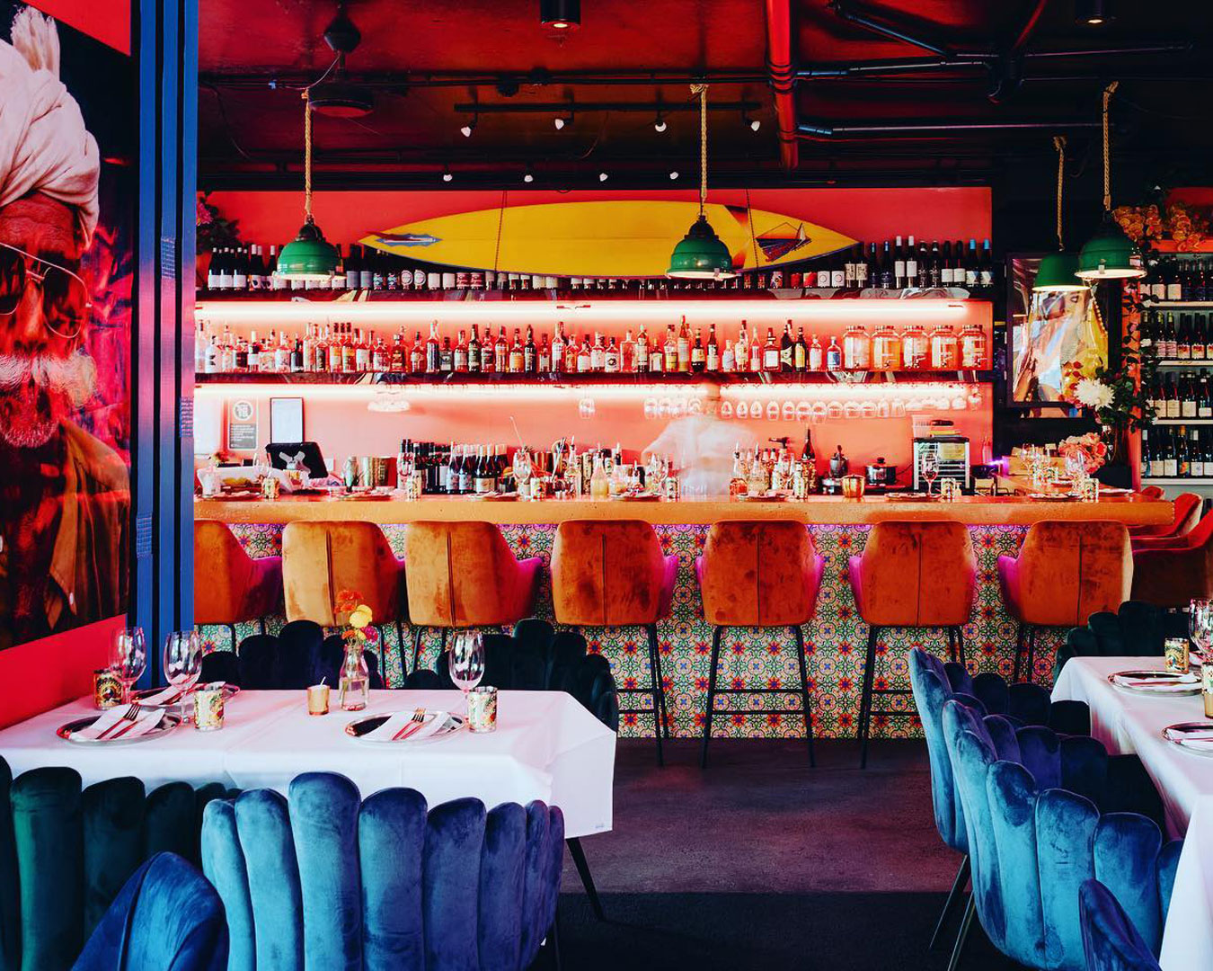 Vibrant restaurant interior and bar