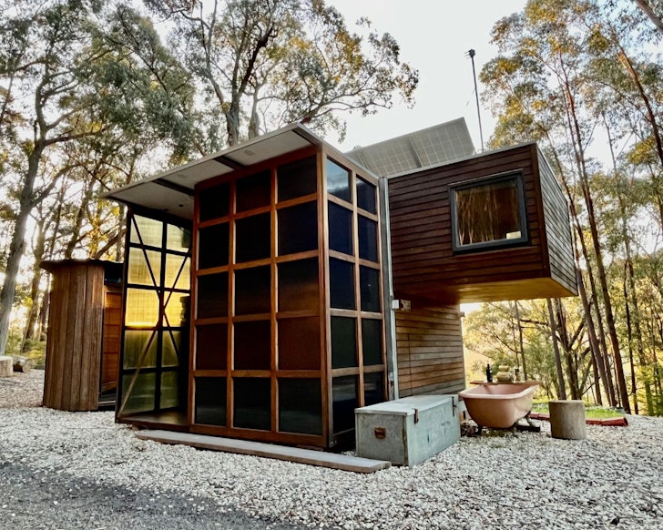 The cube-shaped exterior of Designer Tiny one of the best pet-friendly Airbnbs Victoria