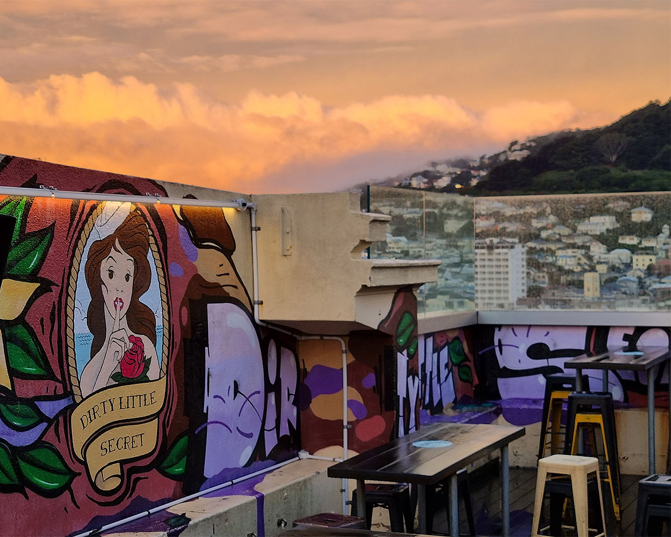 The rooftop bar at Dirty Little Secret, one of the best bars in Wellington.
