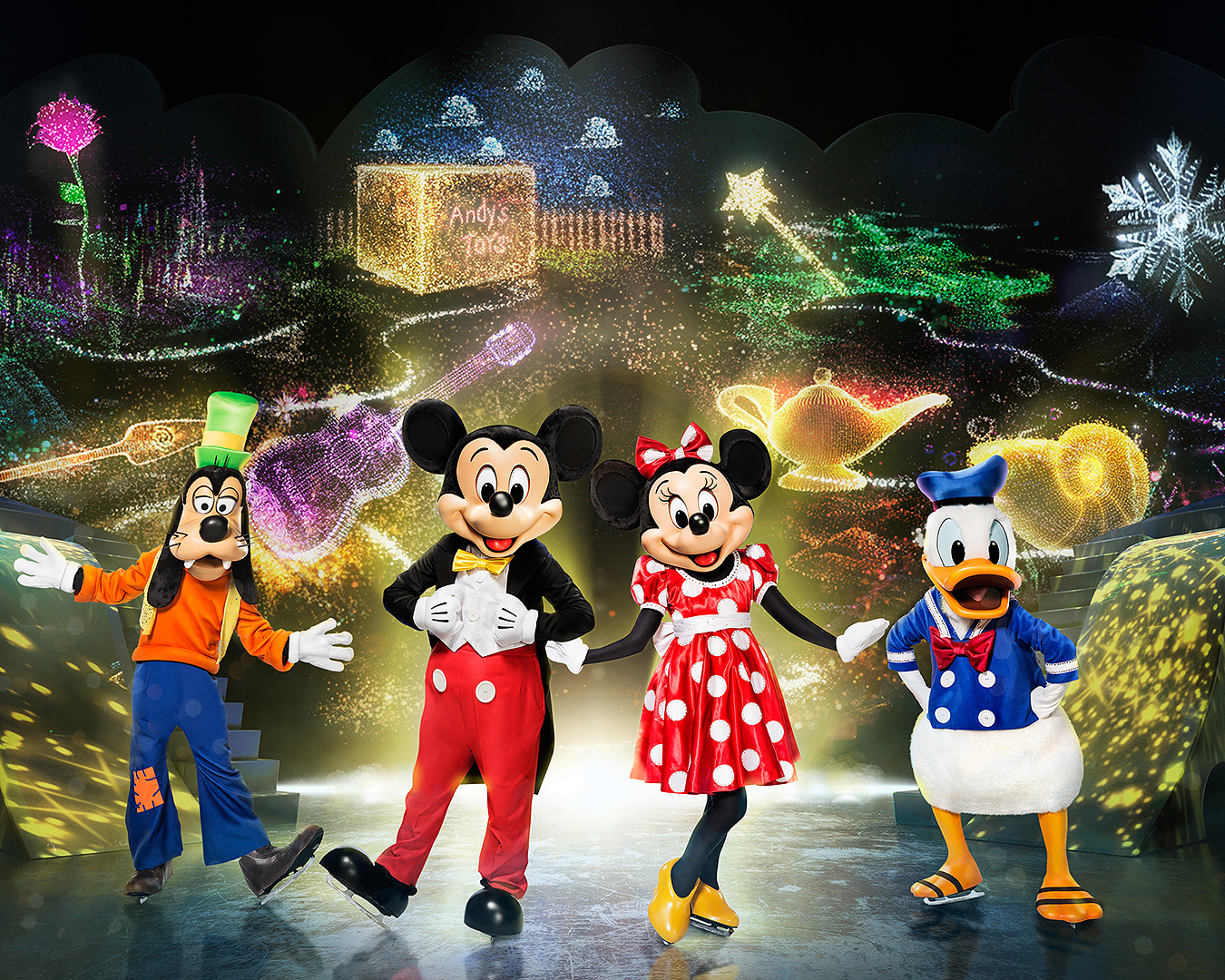 Mickey, Minnie, Goofy, Donald Duck on the ice.