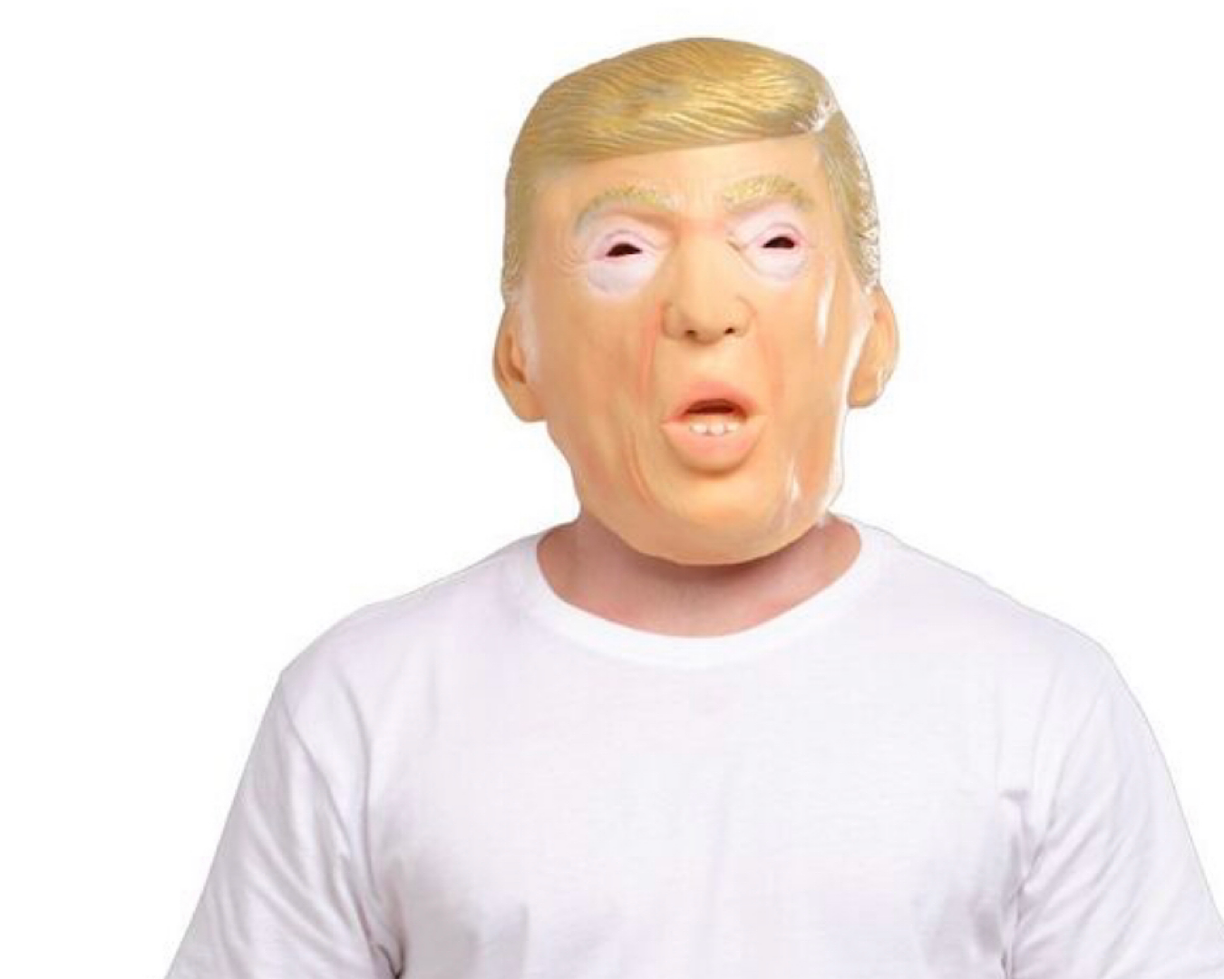 A person wearing a gross, semi-melted looking mask of Donald Trump and a white t-shirt.