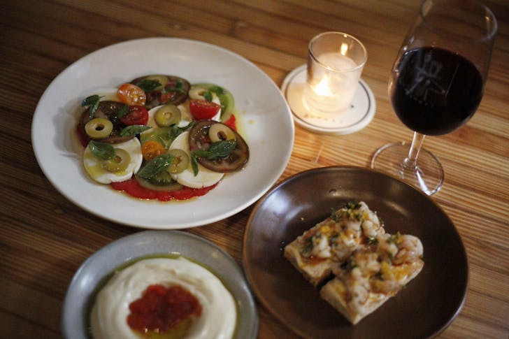 Plates of food on table.