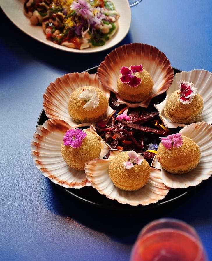 pani puri inside scallop shells at don't tell aunty's bottomless brunch