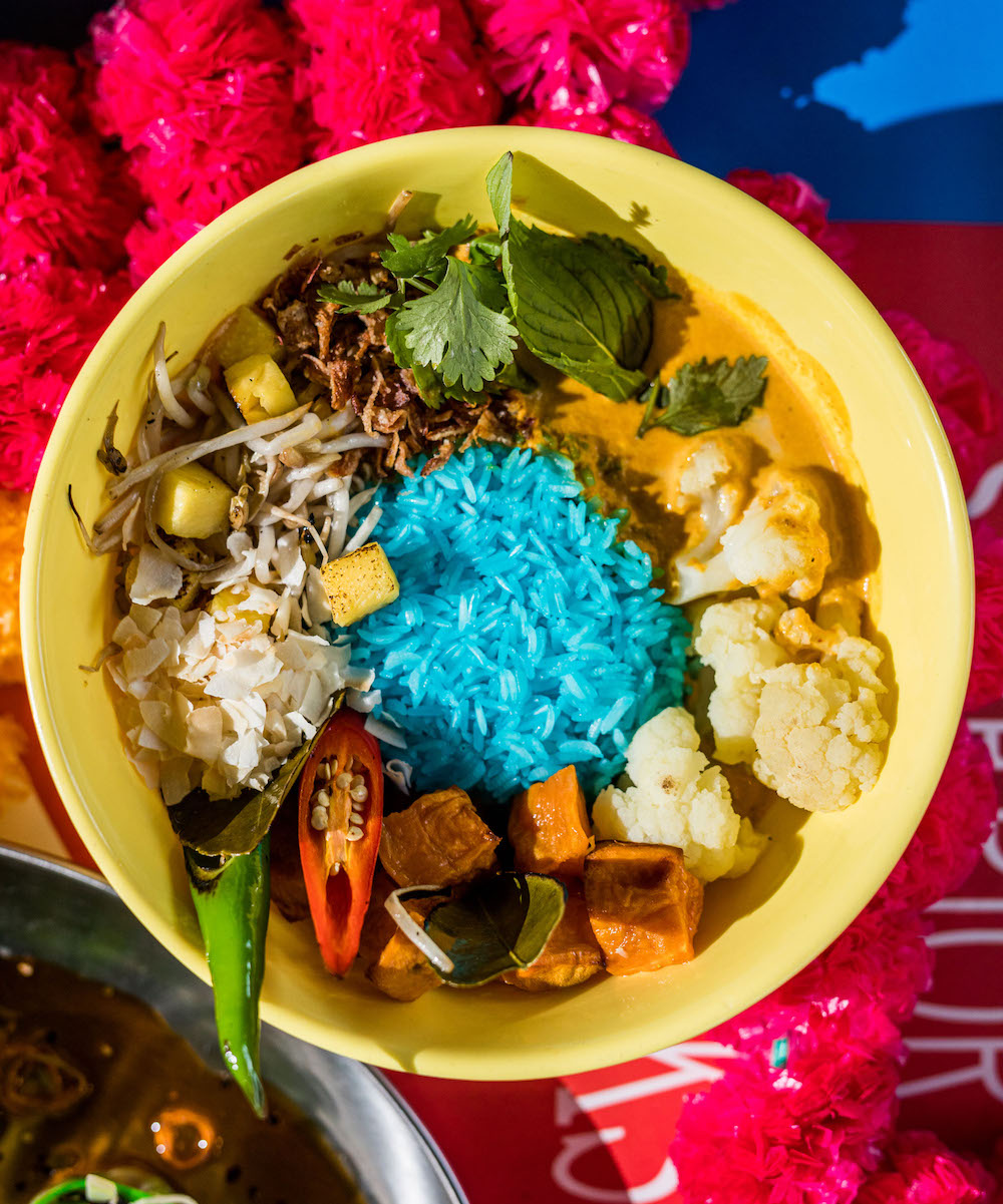 Vegan curry with butterfly pea rice