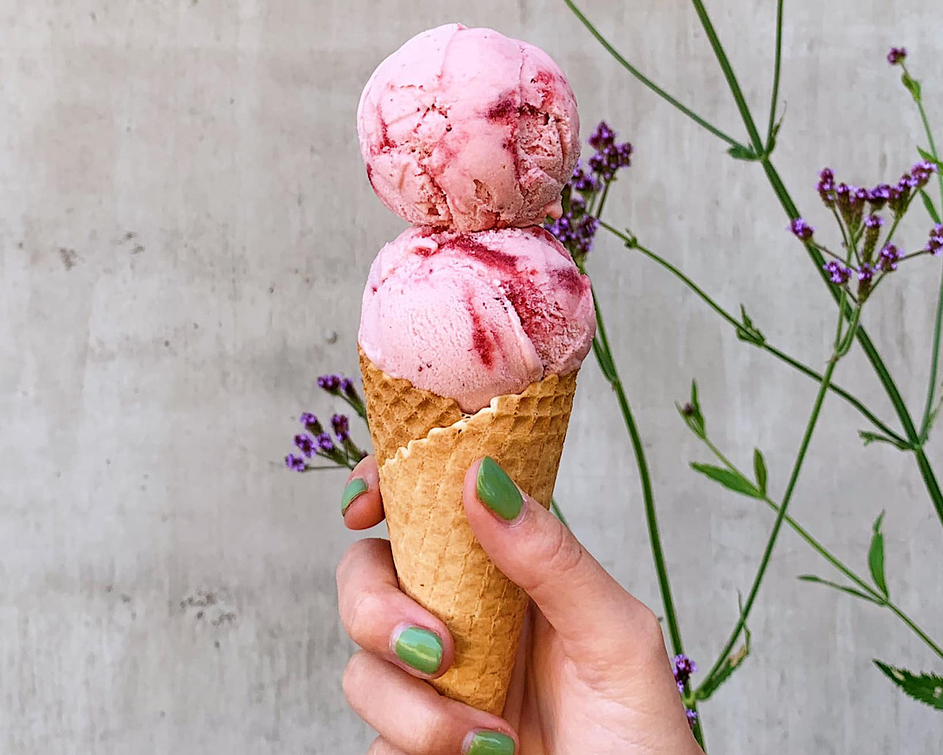 A hand holds a cone with a double scoop of strawberries and cream ice cream by Duck Island. 