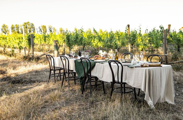 a table set amongst vineyards