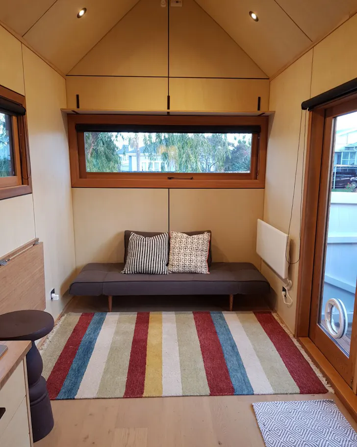 The living space at Eco Friendly Tiny House best pet-friendly accommodation New Zealand