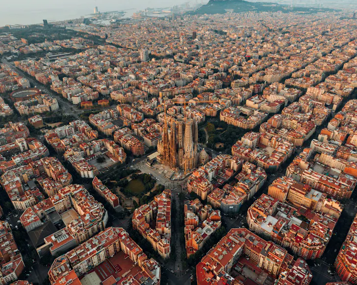 An overhead view of LâEixample's grid-like city in Barcelona.