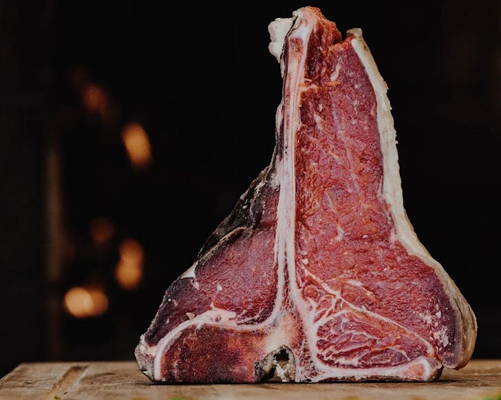 A steak standing upright.