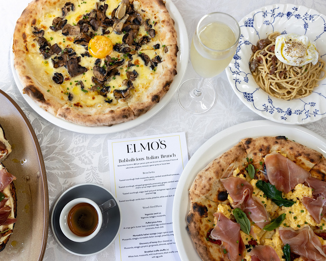 A tantalising array of Italian-meets-brunch dishes and a bottomless brunch meno at Elmo’s. 