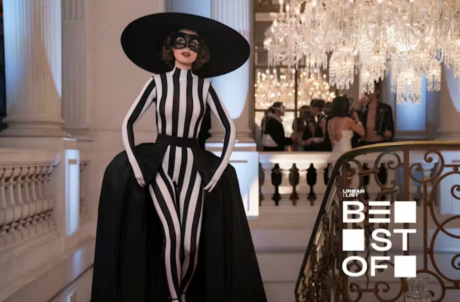Emily In Paris in a stunning black and white catsuit. 