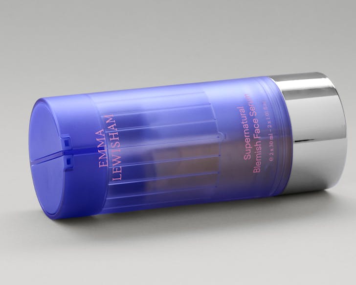 A blue bottle of Emma Lewisham supernatural blemish face serum lying on its side. 