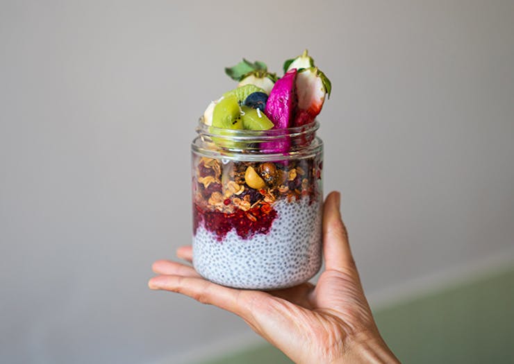 a large jar of granola and chia pudding