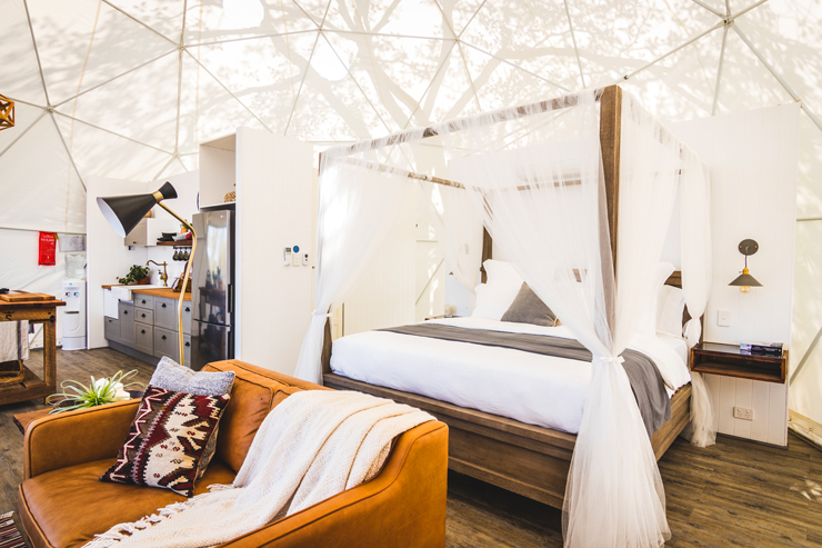 the interior of a geodesic dome tent