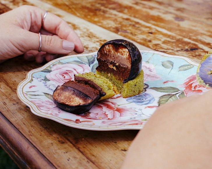 A cross-section of an exquisite treat from Farm House Cafe's high tea. 
