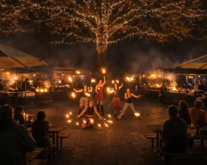 Fire dancers surrounded by onlookers.