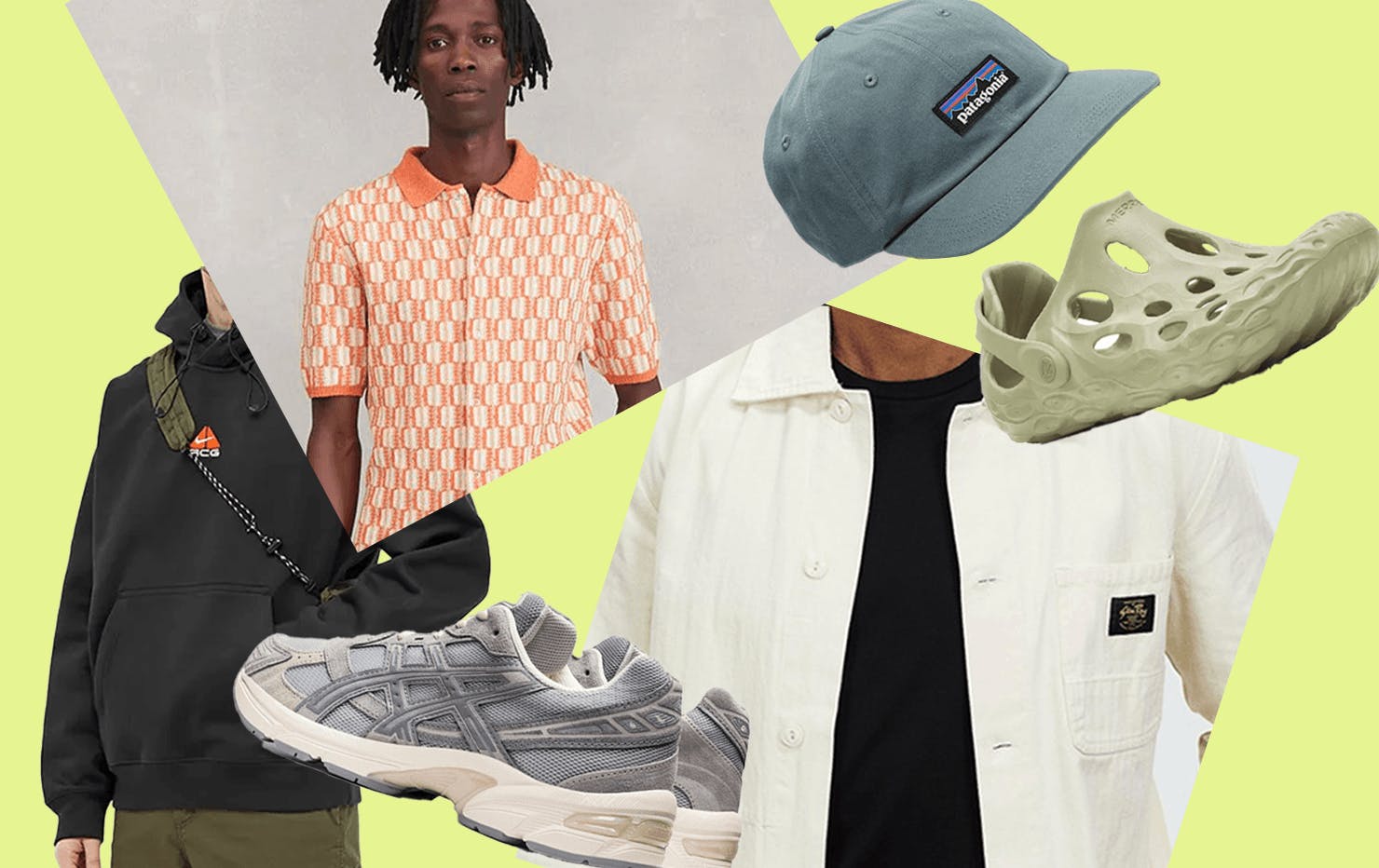 A collage of different clothing products with a yellow background.