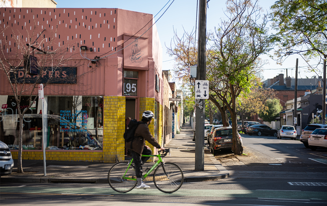 A person on a bike riding down a leafy street.