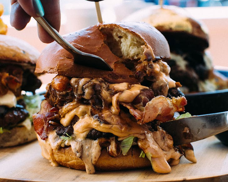 A burger from The Flaming Onion, one of the best burger joints in Auckland. 