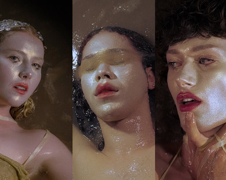 Three queer artists covered in glitter. 